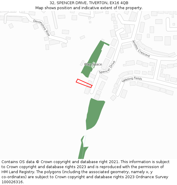 32, SPENCER DRIVE, TIVERTON, EX16 4QB: Location map and indicative extent of plot