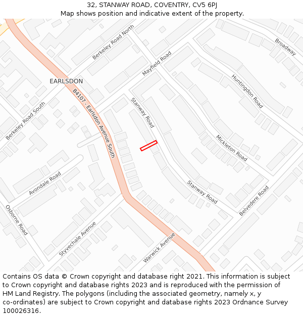 32, STANWAY ROAD, COVENTRY, CV5 6PJ: Location map and indicative extent of plot