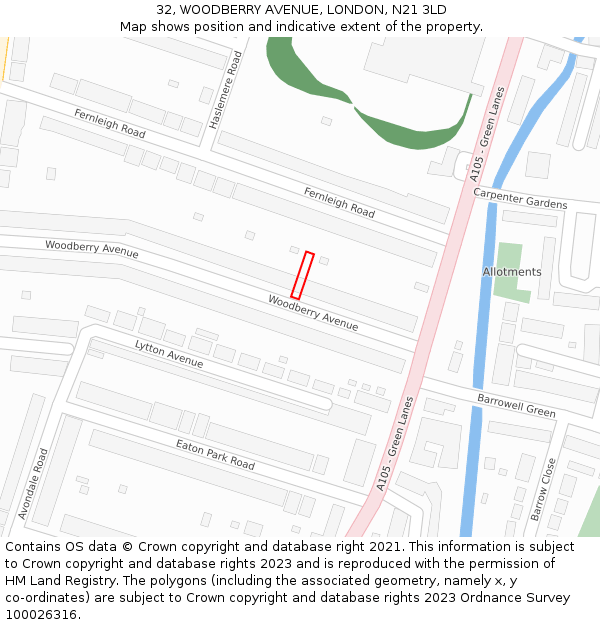 32, WOODBERRY AVENUE, LONDON, N21 3LD: Location map and indicative extent of plot