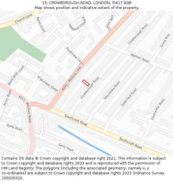 33, CROWBOROUGH ROAD, LONDON, SW17 9QB: Location map and indicative extent of plot