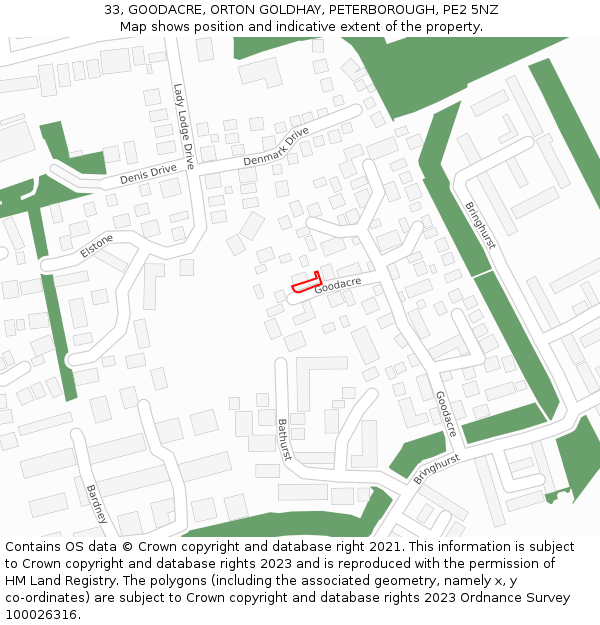 33, GOODACRE, ORTON GOLDHAY, PETERBOROUGH, PE2 5NZ: Location map and indicative extent of plot