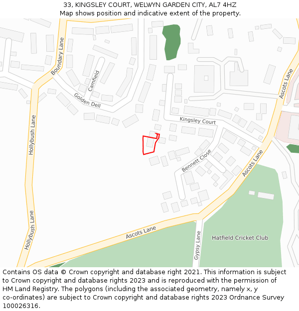 33, KINGSLEY COURT, WELWYN GARDEN CITY, AL7 4HZ: Location map and indicative extent of plot