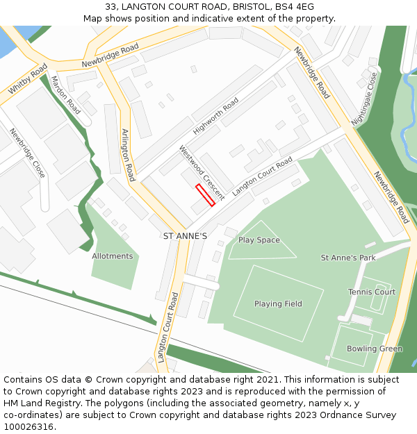 33, LANGTON COURT ROAD, BRISTOL, BS4 4EG: Location map and indicative extent of plot