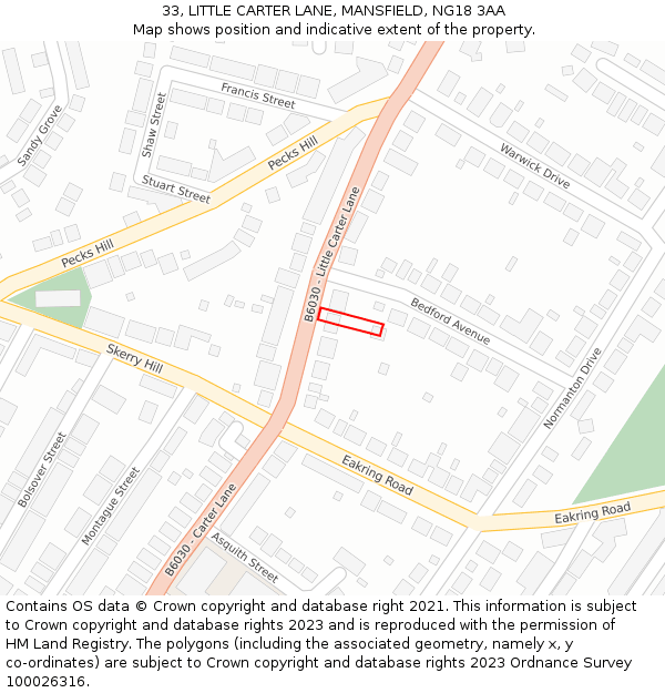 33, LITTLE CARTER LANE, MANSFIELD, NG18 3AA: Location map and indicative extent of plot