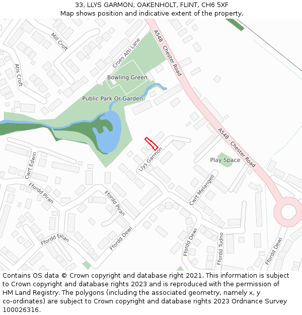 33, LLYS GARMON, OAKENHOLT, FLINT, CH6 5XF: Location map and indicative extent of plot