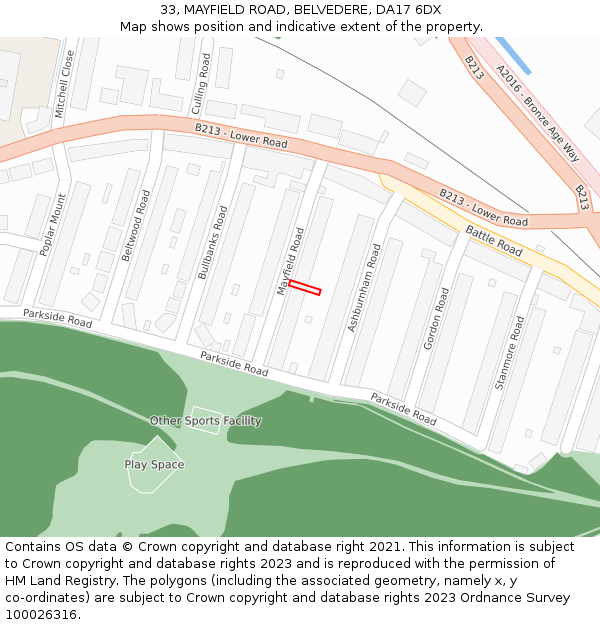 33, MAYFIELD ROAD, BELVEDERE, DA17 6DX: Location map and indicative extent of plot