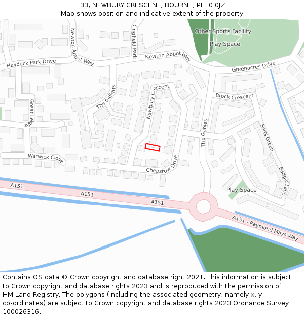 33, NEWBURY CRESCENT, BOURNE, PE10 0JZ: Location map and indicative extent of plot