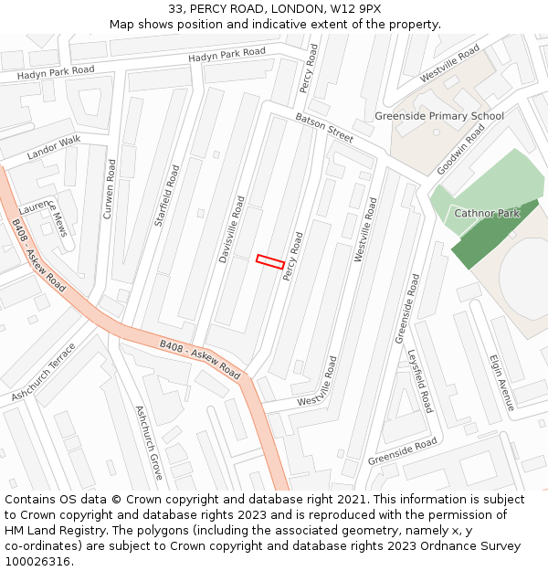 33, PERCY ROAD, LONDON, W12 9PX: Location map and indicative extent of plot