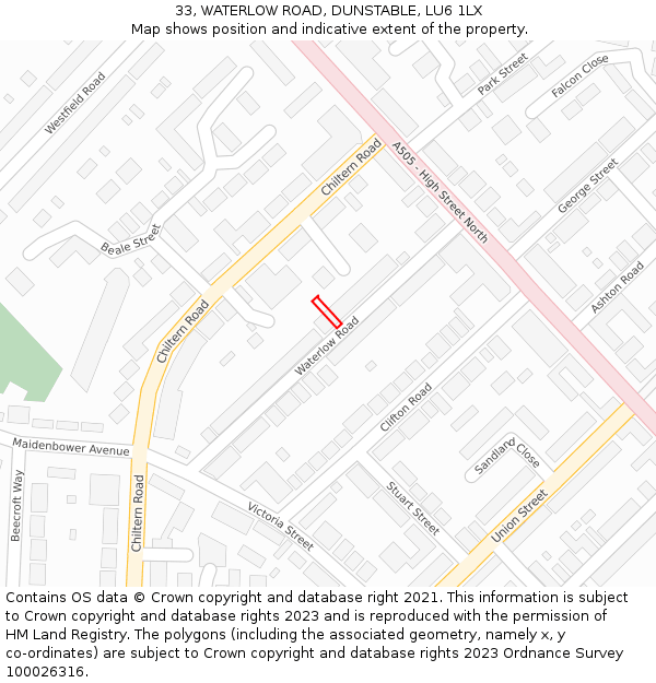 33, WATERLOW ROAD, DUNSTABLE, LU6 1LX: Location map and indicative extent of plot