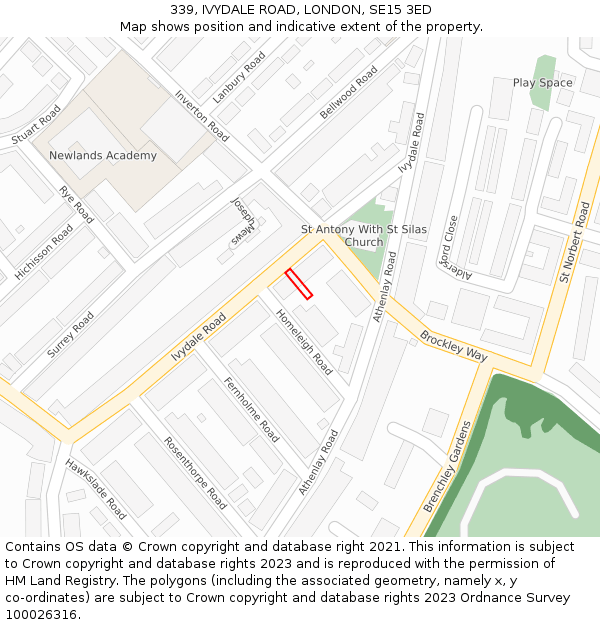 339, IVYDALE ROAD, LONDON, SE15 3ED: Location map and indicative extent of plot
