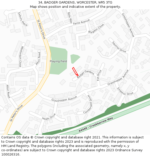 34, BADGER GARDENS, WORCESTER, WR5 3TG: Location map and indicative extent of plot