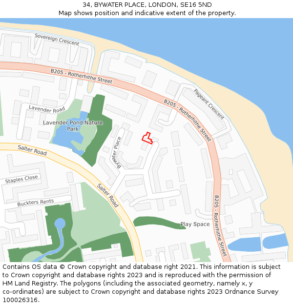 34, BYWATER PLACE, LONDON, SE16 5ND: Location map and indicative extent of plot
