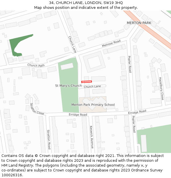 34, CHURCH LANE, LONDON, SW19 3HQ: Location map and indicative extent of plot