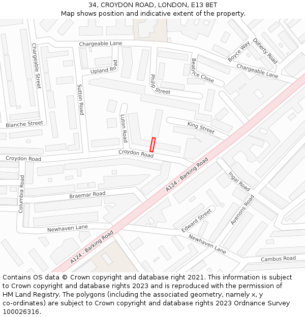 34, CROYDON ROAD, LONDON, E13 8ET: Location map and indicative extent of plot
