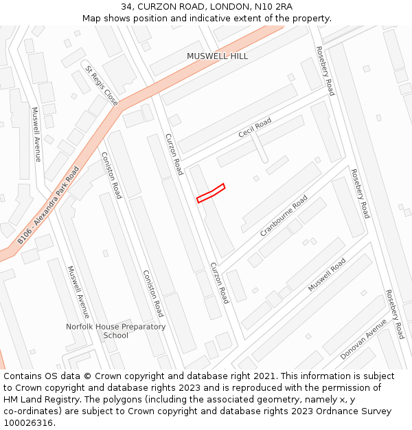 34, CURZON ROAD, LONDON, N10 2RA: Location map and indicative extent of plot