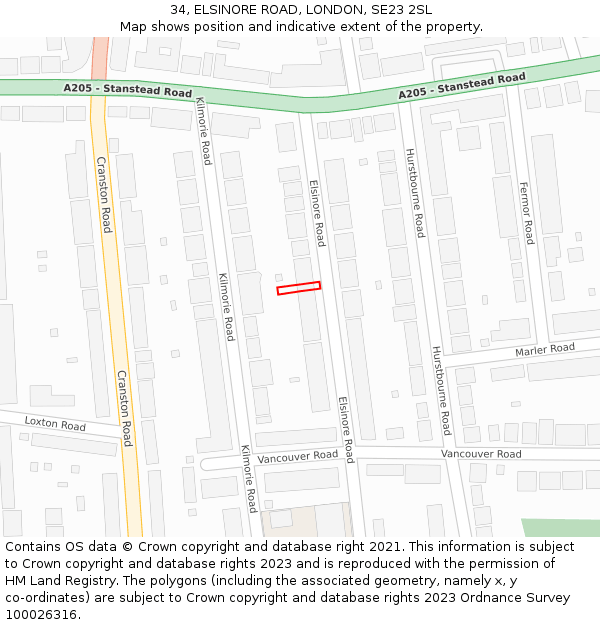 34, ELSINORE ROAD, LONDON, SE23 2SL: Location map and indicative extent of plot
