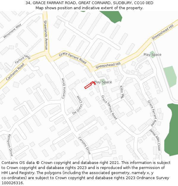 34, GRACE FARRANT ROAD, GREAT CORNARD, SUDBURY, CO10 0ED: Location map and indicative extent of plot