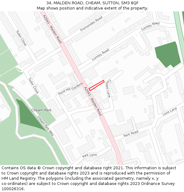 34, MALDEN ROAD, CHEAM, SUTTON, SM3 8QF: Location map and indicative extent of plot