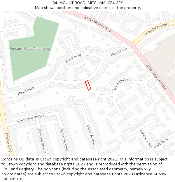 34, MOUNT ROAD, MITCHAM, CR4 3EY: Location map and indicative extent of plot