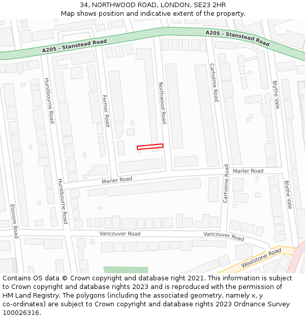 34, NORTHWOOD ROAD, LONDON, SE23 2HR: Location map and indicative extent of plot