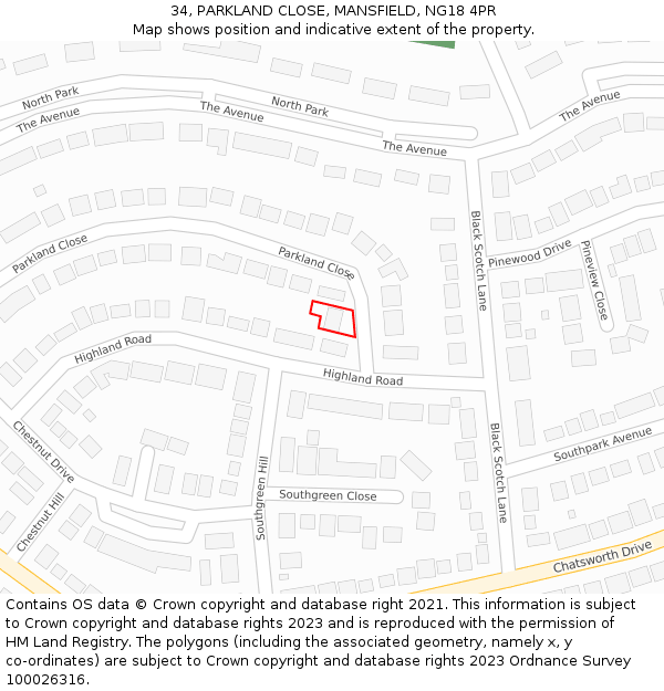 34, PARKLAND CLOSE, MANSFIELD, NG18 4PR: Location map and indicative extent of plot