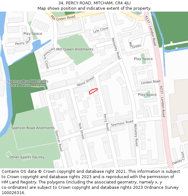 34, PERCY ROAD, MITCHAM, CR4 4JU: Location map and indicative extent of plot