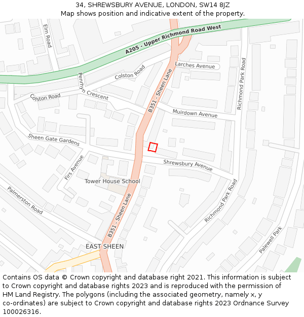34, SHREWSBURY AVENUE, LONDON, SW14 8JZ: Location map and indicative extent of plot