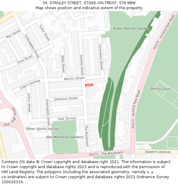 34, STANLEY STREET, STOKE-ON-TRENT, ST6 6BW: Location map and indicative extent of plot