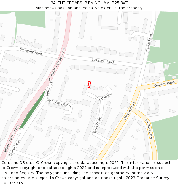 34, THE CEDARS, BIRMINGHAM, B25 8XZ: Location map and indicative extent of plot