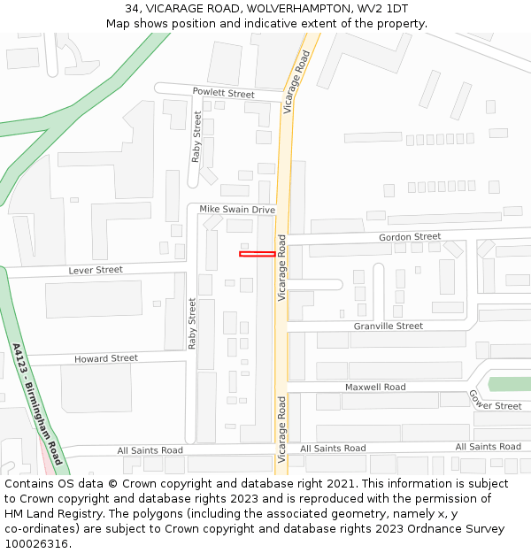 34, VICARAGE ROAD, WOLVERHAMPTON, WV2 1DT: Location map and indicative extent of plot