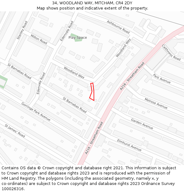 34, WOODLAND WAY, MITCHAM, CR4 2DY: Location map and indicative extent of plot