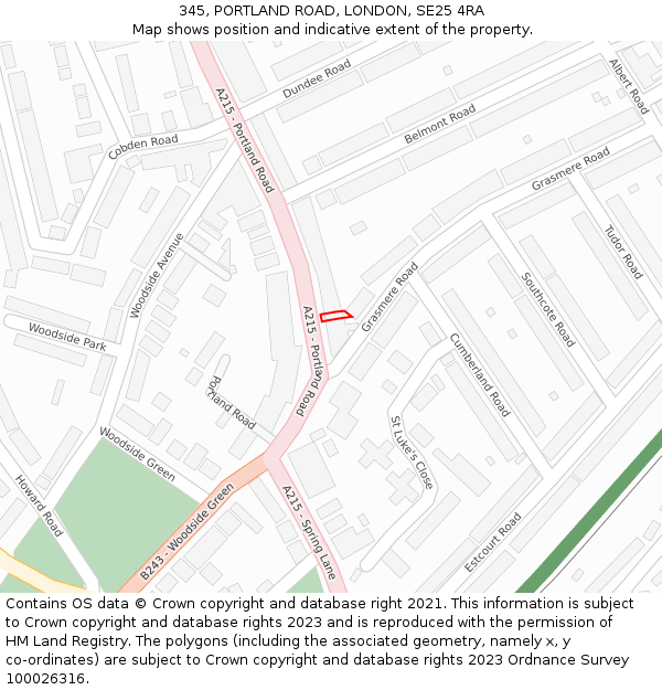 345, PORTLAND ROAD, LONDON, SE25 4RA: Location map and indicative extent of plot