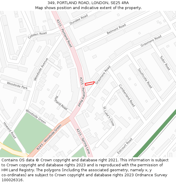 349, PORTLAND ROAD, LONDON, SE25 4RA: Location map and indicative extent of plot