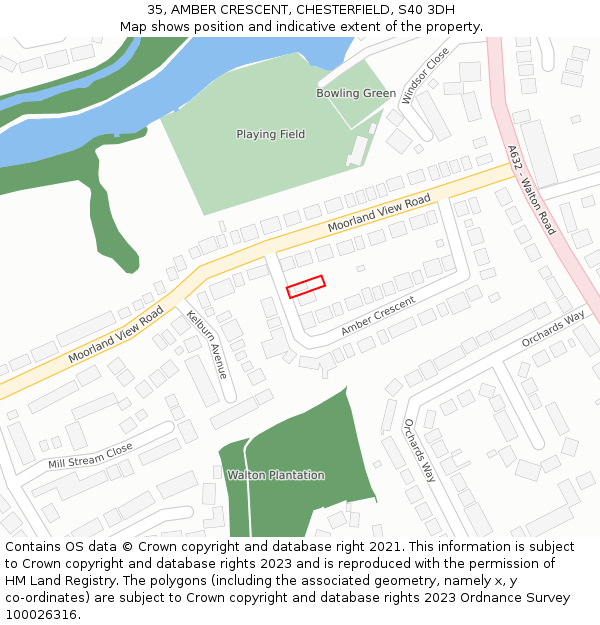35, AMBER CRESCENT, CHESTERFIELD, S40 3DH: Location map and indicative extent of plot