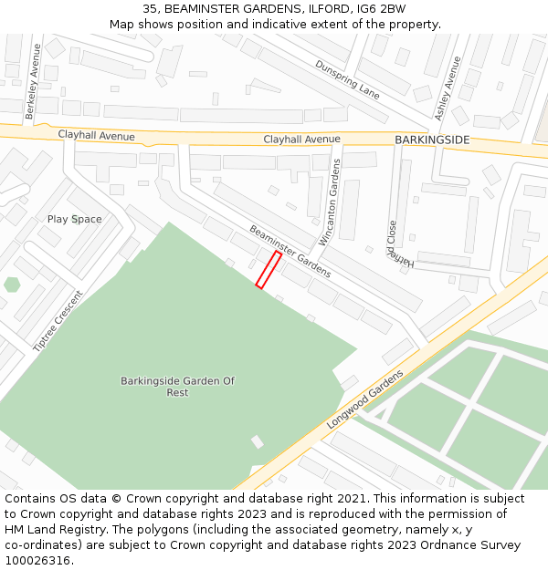 35, BEAMINSTER GARDENS, ILFORD, IG6 2BW: Location map and indicative extent of plot