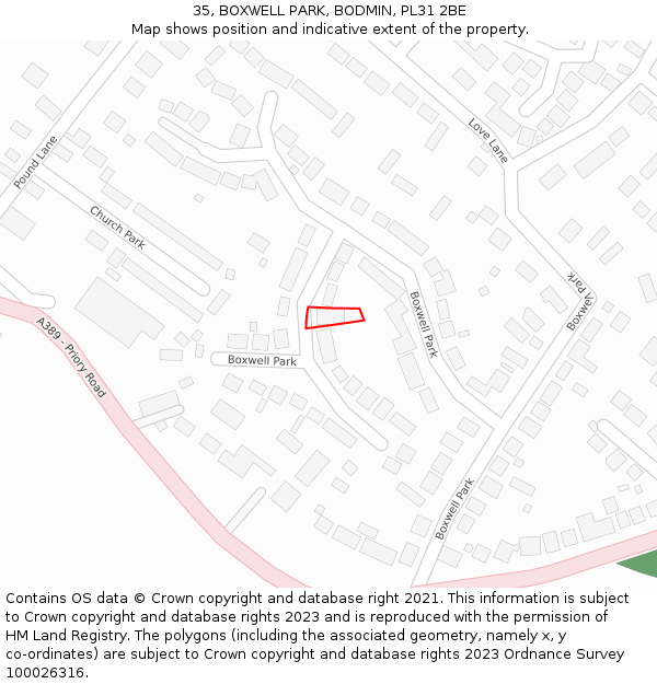 35, BOXWELL PARK, BODMIN, PL31 2BE: Location map and indicative extent of plot