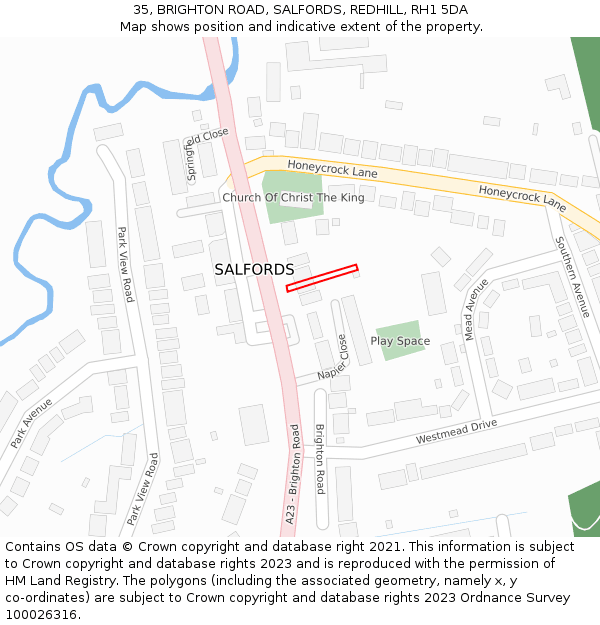 35, BRIGHTON ROAD, SALFORDS, REDHILL, RH1 5DA: Location map and indicative extent of plot