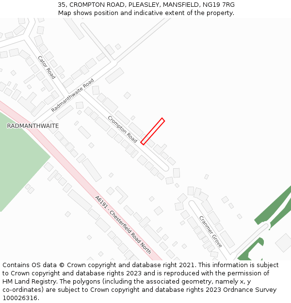 35, CROMPTON ROAD, PLEASLEY, MANSFIELD, NG19 7RG: Location map and indicative extent of plot