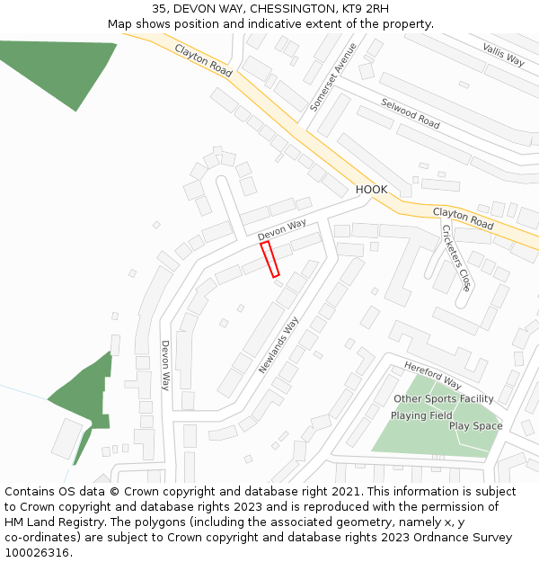 35, DEVON WAY, CHESSINGTON, KT9 2RH: Location map and indicative extent of plot