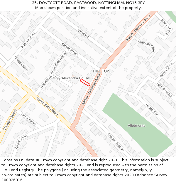 35, DOVECOTE ROAD, EASTWOOD, NOTTINGHAM, NG16 3EY: Location map and indicative extent of plot