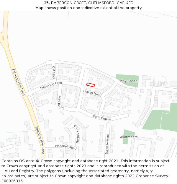 35, EMBERSON CROFT, CHELMSFORD, CM1 4FD: Location map and indicative extent of plot