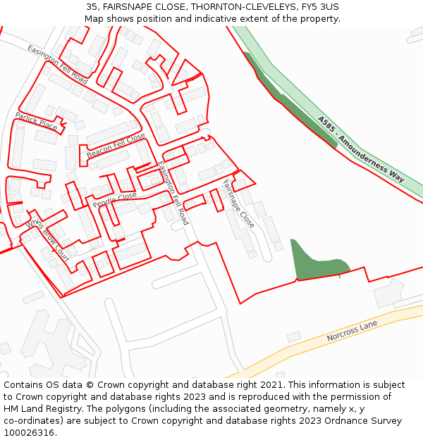 35, FAIRSNAPE CLOSE, THORNTON-CLEVELEYS, FY5 3US: Location map and indicative extent of plot
