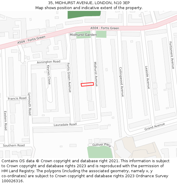 35, MIDHURST AVENUE, LONDON, N10 3EP: Location map and indicative extent of plot