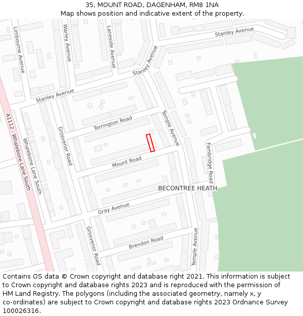 35, MOUNT ROAD, DAGENHAM, RM8 1NA: Location map and indicative extent of plot