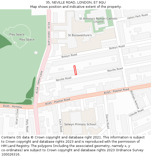35, NEVILLE ROAD, LONDON, E7 9QU: Location map and indicative extent of plot
