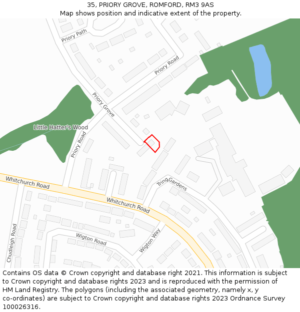 35, PRIORY GROVE, ROMFORD, RM3 9AS: Location map and indicative extent of plot