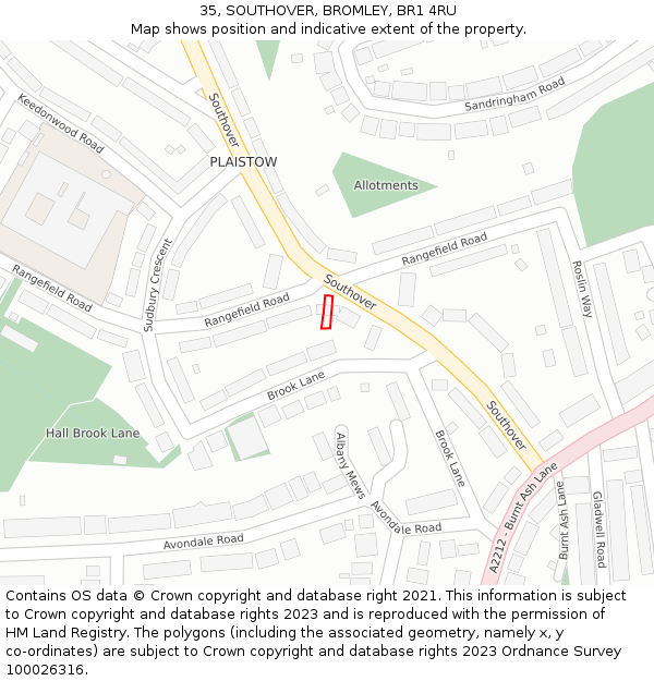 35, SOUTHOVER, BROMLEY, BR1 4RU: Location map and indicative extent of plot