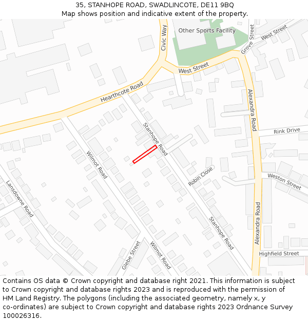 35, STANHOPE ROAD, SWADLINCOTE, DE11 9BQ: Location map and indicative extent of plot