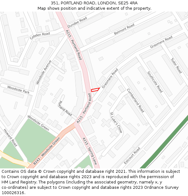351, PORTLAND ROAD, LONDON, SE25 4RA: Location map and indicative extent of plot