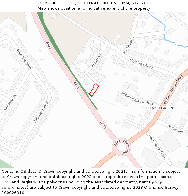 36, ANNIES CLOSE, HUCKNALL, NOTTINGHAM, NG15 6FR: Location map and indicative extent of plot